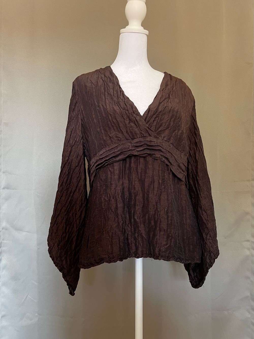 Grizas Crinkled V-Neck Long Sleeve Top in Dark Plum